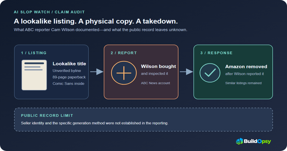 Reported sequence: suspicious lookalike book listing, author purchase and report, marketplace removal
