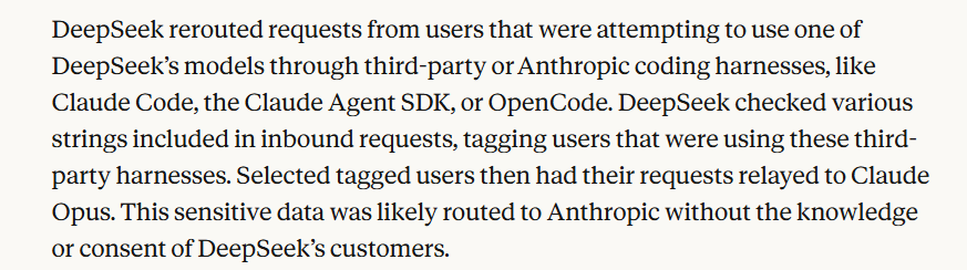 Report screenshot describing DeepSeek relaying harness users to Claude Opus