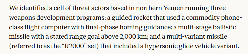 Report screenshot describing the Yemen cell running three weapons programs