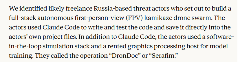 Report screenshot describing Russia-based actors building an FPV kamikaze drone swarm