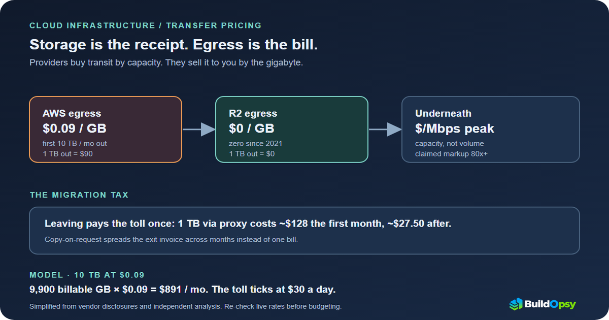 Egress pricing teardown: AWS charges $0.09 per gigabyte out while R2 charges nothing, over capacity-priced transit