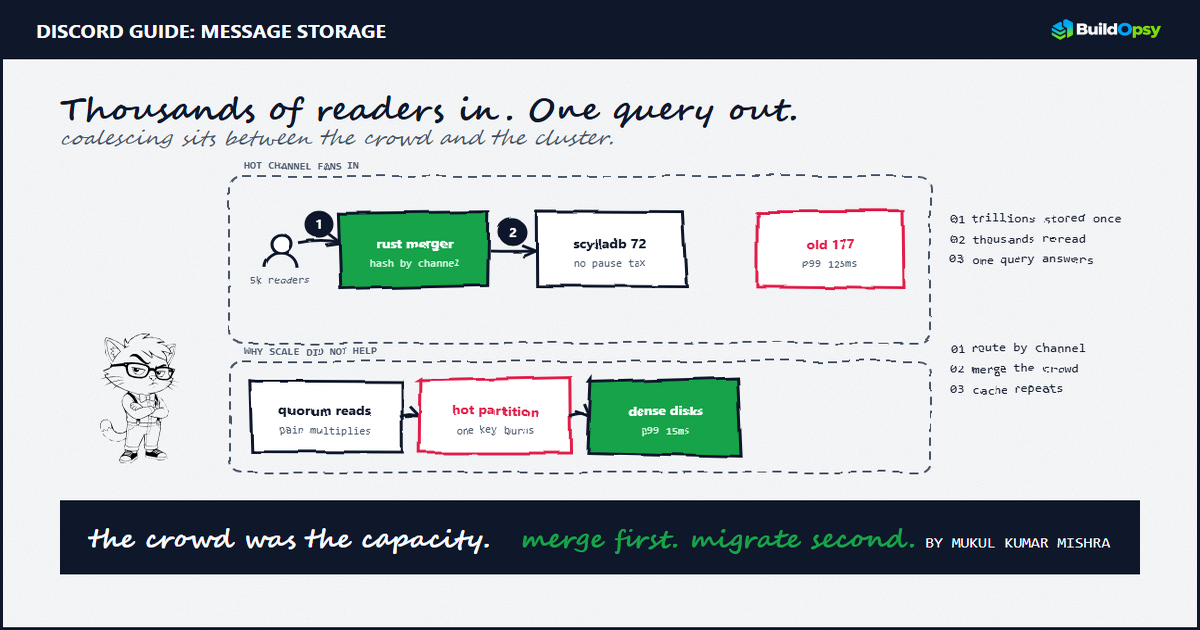 Discord message path through channel partitions, request coalescing, and the storage layer