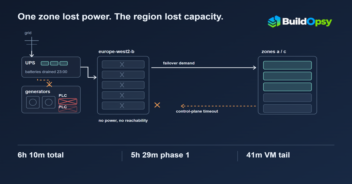 Schematic of the europe-west2-b power chain: a grid feed, a UPS battery bank marked drained, two generators with both PLC controllers failed, the dark zone rack, and the surviving zone racks taking failover demand while their control-plane calls time out, with 6h 10m, 5h 29m and 41m durations below.