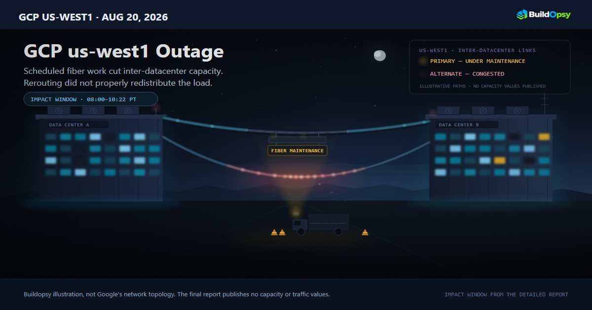 Night illustration of two us-west1 data centers linked by a fiber route: the primary link under maintenance with warning lights and a service truck, an overloaded alternate path carrying a queue of packets with a few dropped, and a status panel reading primary under maintenance and alternate congested