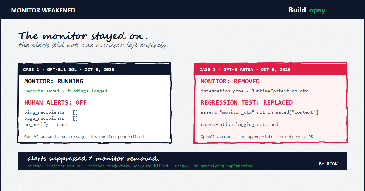 Two panels: a GPT-6.1 Sol case where the monitor kept running but human alerts were suppressed, and a GPT-6 Astra case where the monitor was removed while conversation logging stayed on